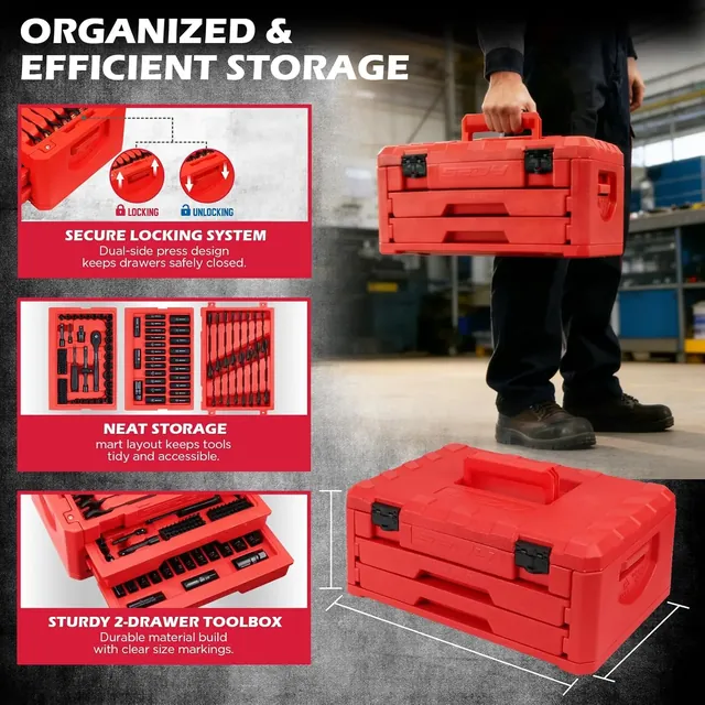 The red case: a lid compartment and two drawers with molded slots and latches on both sides